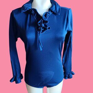 Medium Vintage Mod Top Navy Bodysuit 1960's Ruffle Snap Closure Groovy Garage